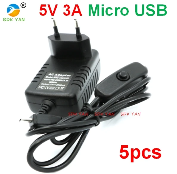 5 pcs 3A USB v8 ON / OFF Button power charger EU 5V 3A Micro USB Charger Raspberry PI 3 Power Supply With Switch Button adapter