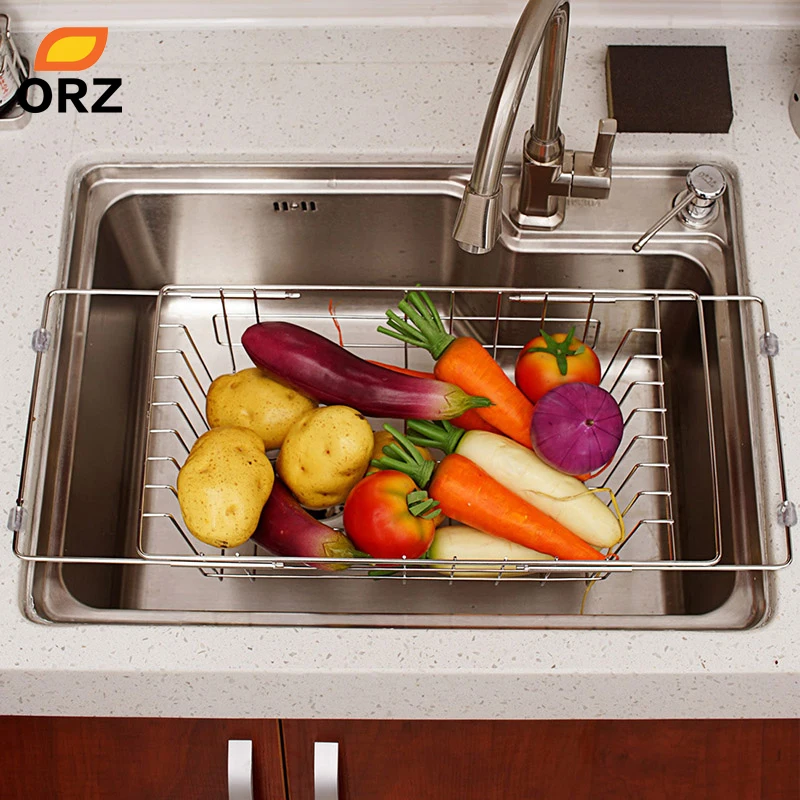 ORZ Kitchen Fruits Vegetables Draining Rack Stainless Steel Adjustable In-Sink Dish Bowl Drainer Drying Basket Storage Tray