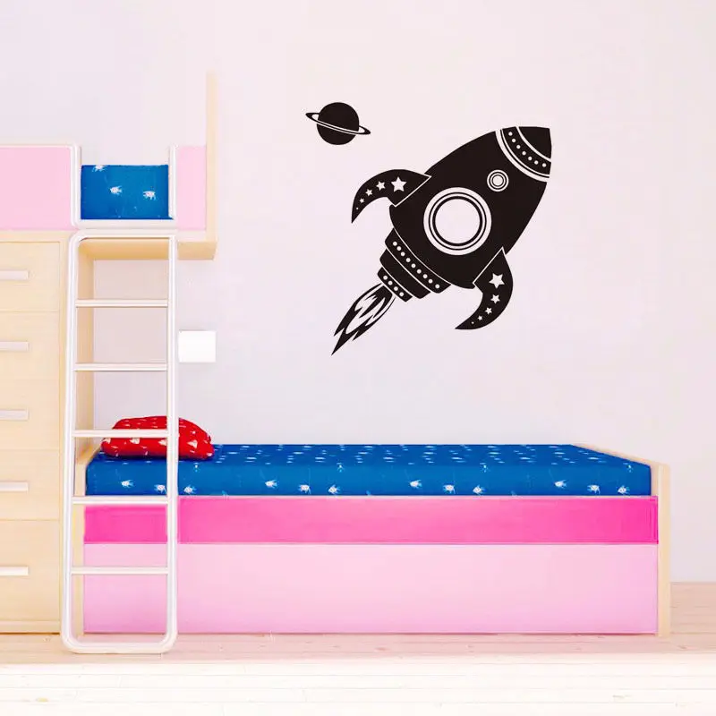 Cartoon Rocketship Vinyl Wall Stickers Removable Decor Boys Kids Room Sofa Background Decal Home Design Wallpaper Mural SA413