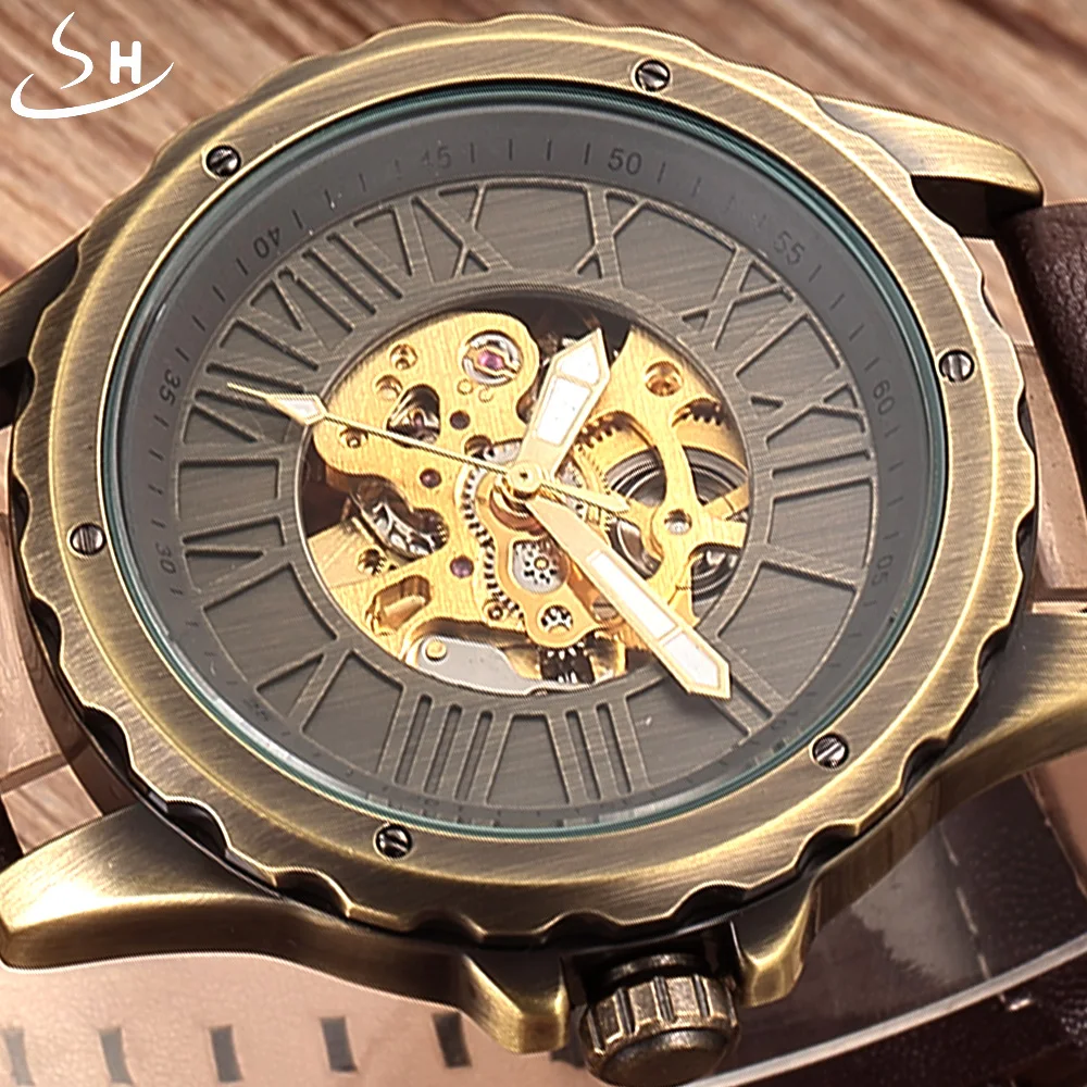 

SHENHUA Skeleton Mechanical Automatic Watch Men Watches Brand Retro Leather Luxury Business Vintage Watch Relogio Masculino