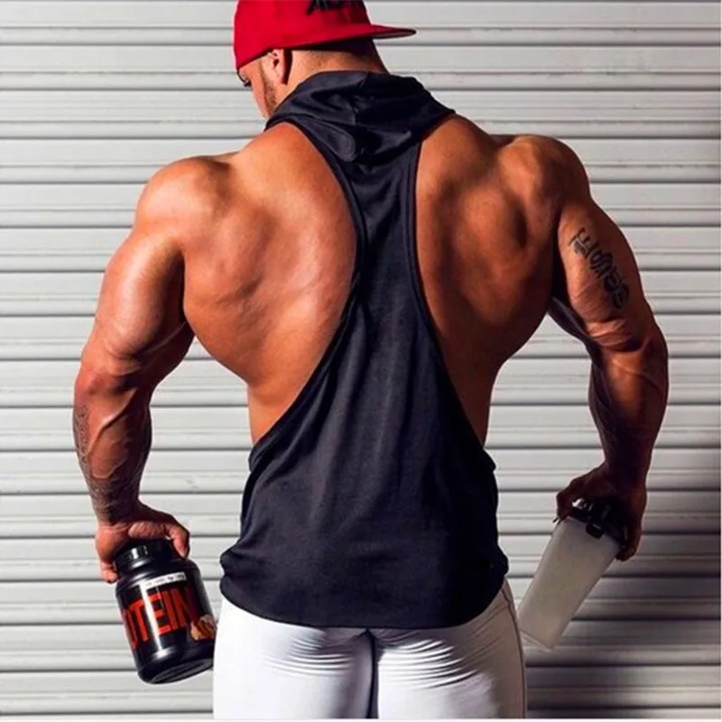 GYM Print Men Fitness Hooded Tanktop Gym Sleeveless Bodybuilding Tee Shirt Fashion Stringer Male Workout Hooded Vest Sportswear