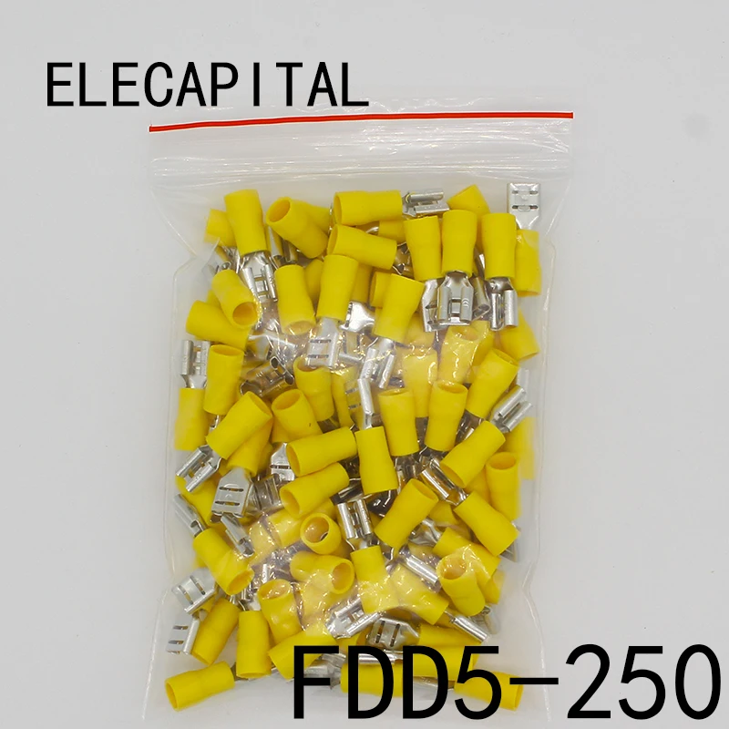 FDD5.5-250 FDD5-250 żeński izolowany elektryczny zacisk zaciskany do złączy przewodów 4-6mm2 złącze przewodu kablowego 100 sztuk/paczka FDD