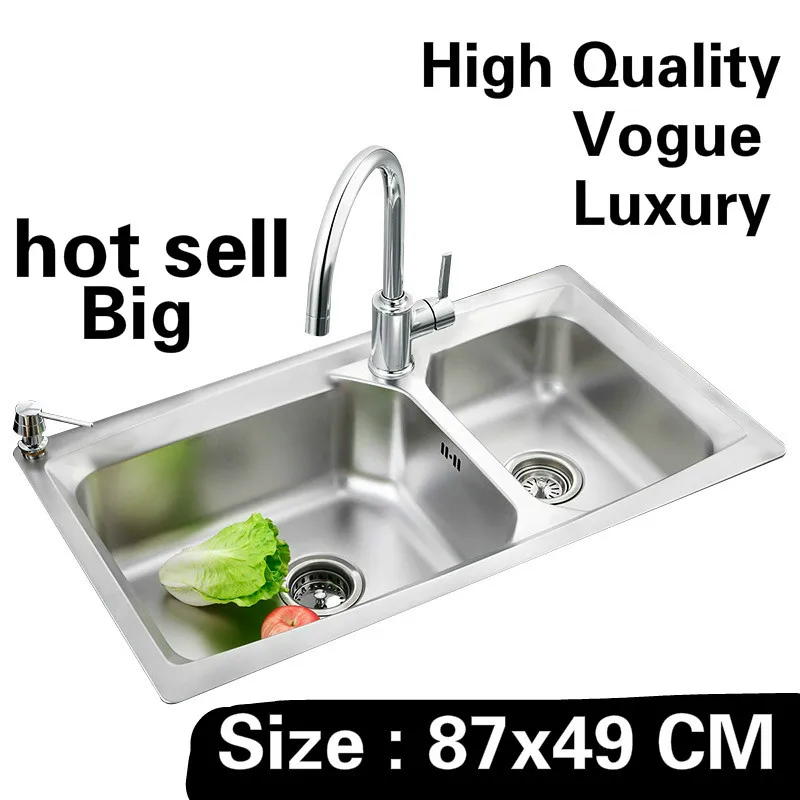 

Free shipping Home luxury wash vegetables big kitchen double groove sink food-grade 304 stainless steel hot sell 87x49 CM