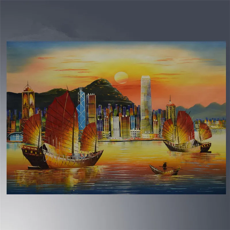 

Hand painted canvas oil painting Original Hong Kong's Victoria harbor Landscape painting decor art Chinese decorative pictures