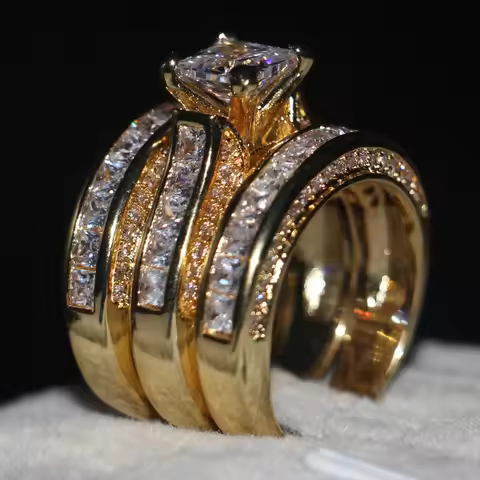 Vecalon Fashion 3-in-1 Women ring Princess cut 7mm AAAAA Zircon cz Yellow Gold 925 Sterling Silver wedding Band ring Set