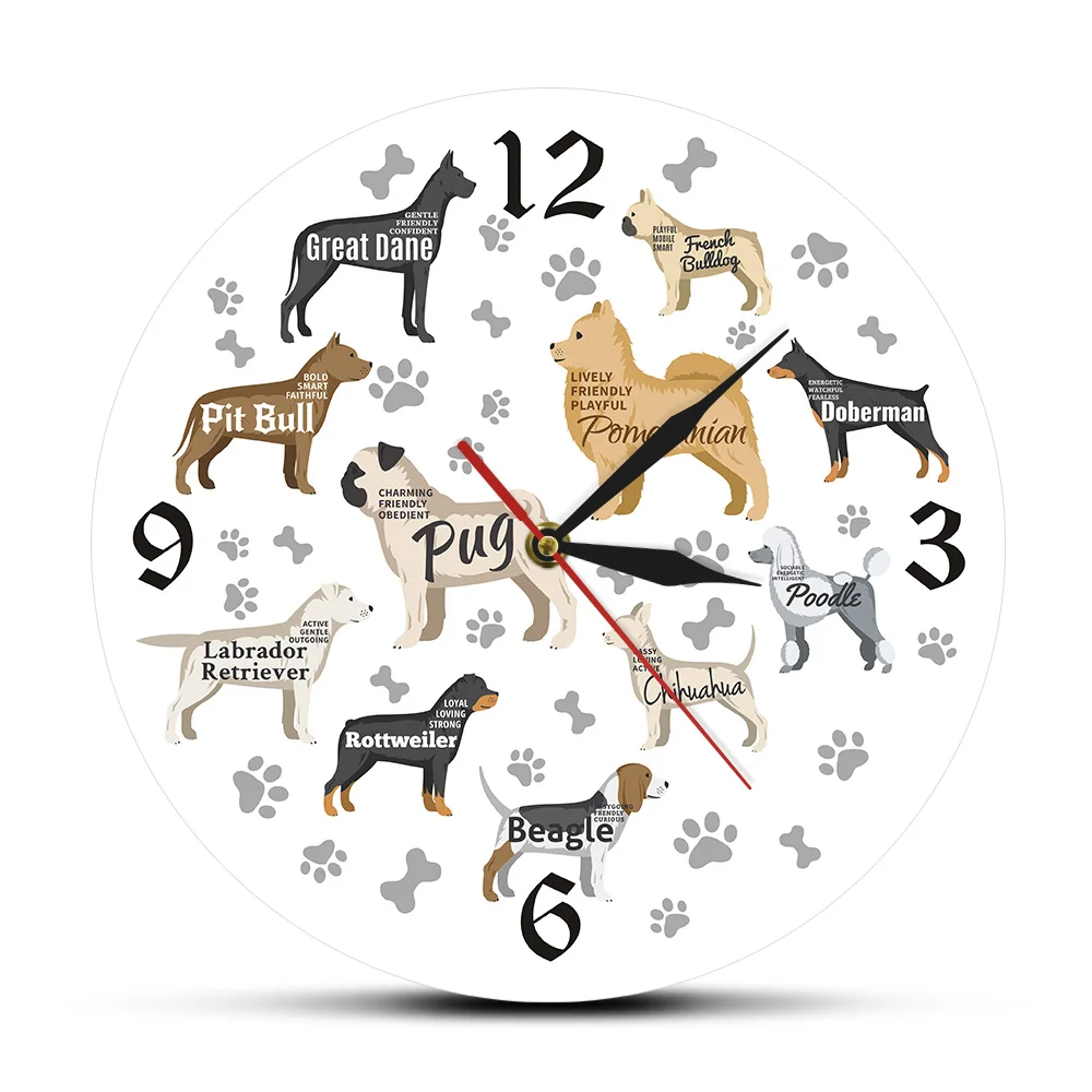 Dog Breeds Printed Wall Clock Dog Paws Dog Bones Puppy Dogs Modern Wall Watch Nursery Kid Room Wall Decor Animal Dog Lover Gift