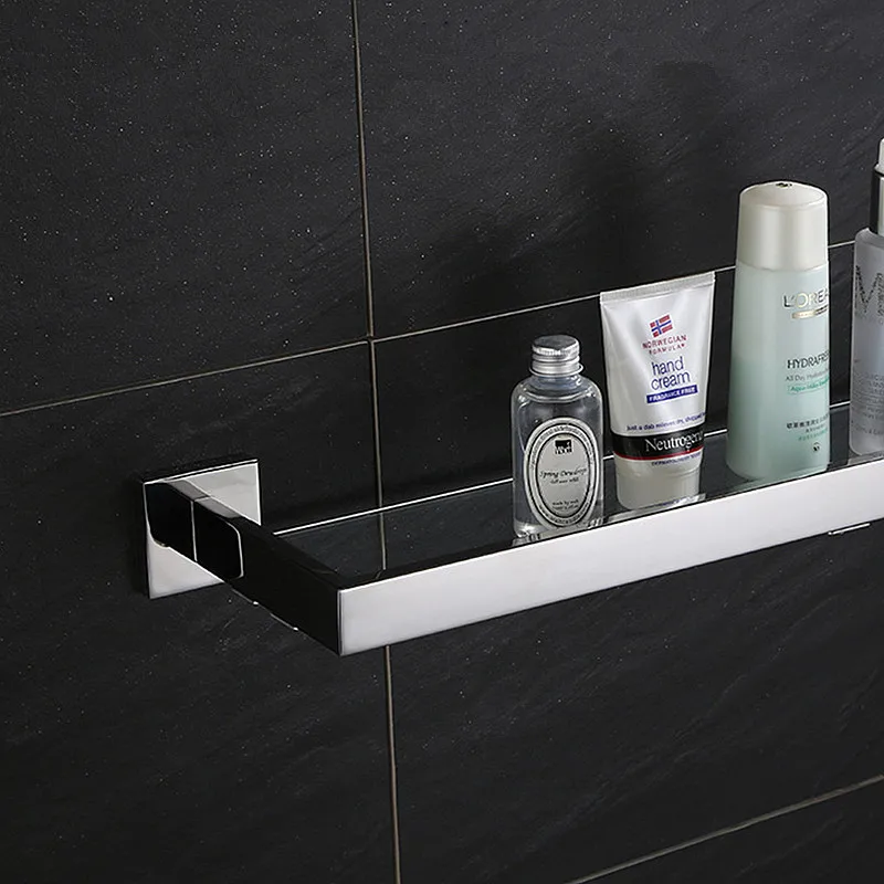 Classical Design Chrome Glass Shelf Premium Quality Stainless Steel with Hanging Bar Wall Mounted Fixture Bathroom Toiletries