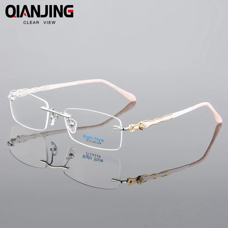 

QIANJING Floral Pure Titanium Eyeglasses Rimless Optical Frame Prescription Spectacle Frameless Glasses For Women Eye glasses