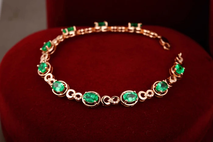 14k Rose Gold Oval 4.50ct Natural Emerald Round Cut Diamond Bracelets