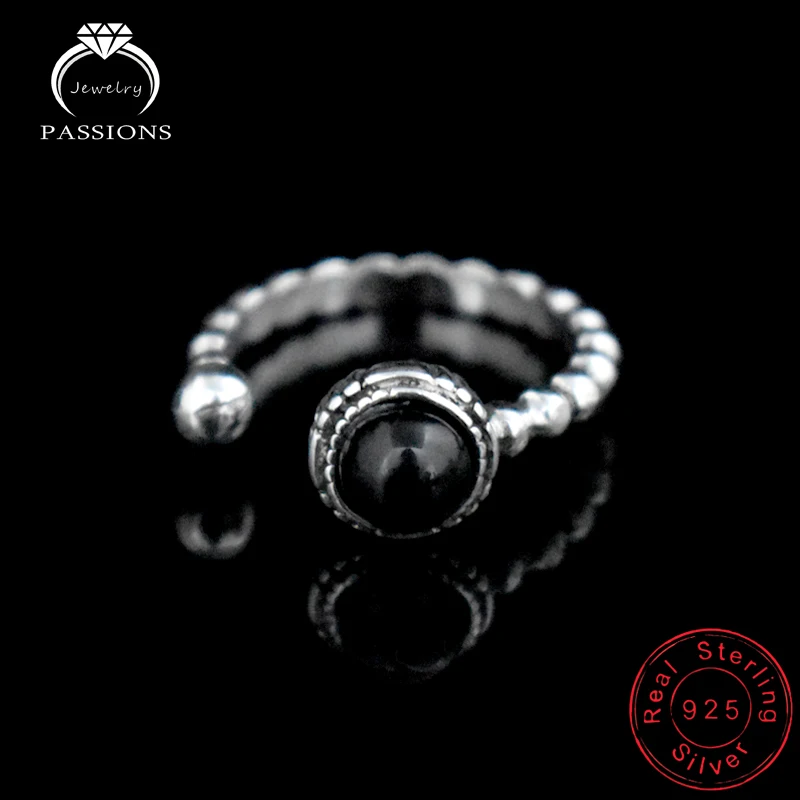 New Fashion Antique 925 Sterling Silver Twist Weave Open Adjustable Rings Black Stone Rock Vintage Ring LYNNE Jewelry Women Gift