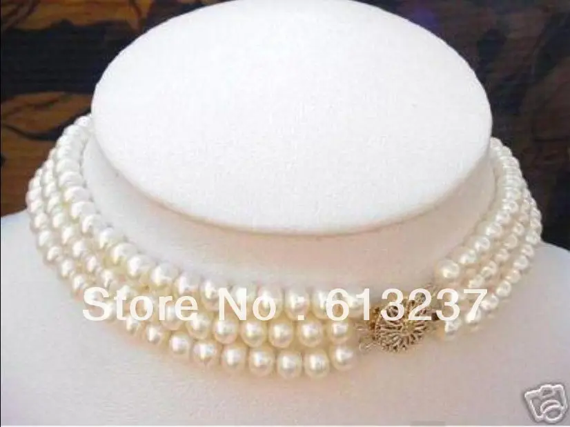 

hot free Shipping new 2014 Fashion Style diy 3 Strand 7-8MM White Pearl Choker Necklace MY5249