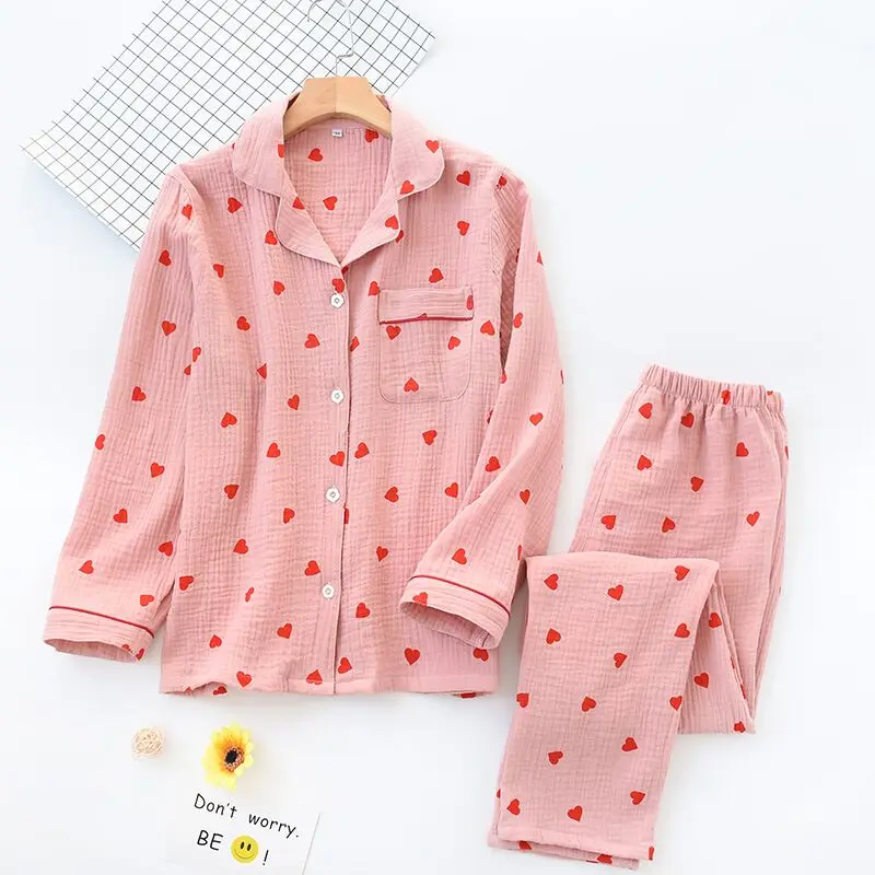 Cotton Crepe Heart Print Women Pajamas Thin Sleepwaer Pyjamas Women 2024 Soft Loose Pajama Set Casual Long Sleeve Pijamas Suit