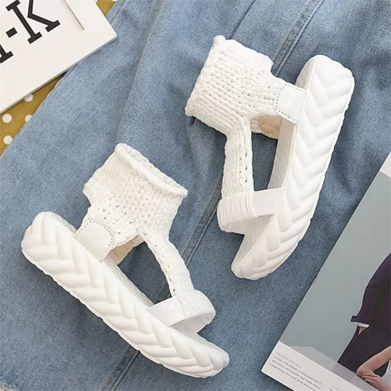 Knitted Elastic Mesh Platform sandals 2019 Summer shoes women Fashion Open toe flat sandals Sweet Hollow Slip-On female shoes