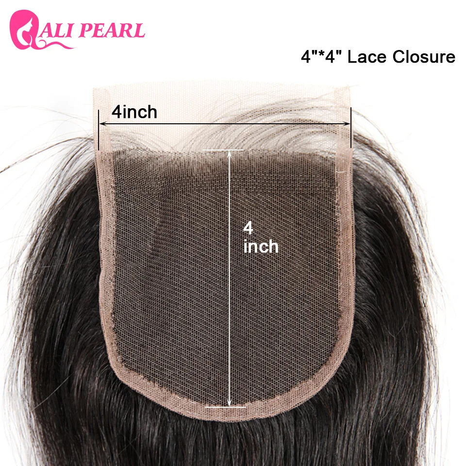 AliPearl-Straight Lace Encerramento Cabelo Humano com Cabelo de Bebê, Pré-Arrancado, Natural Preto, Peruano, 4x4