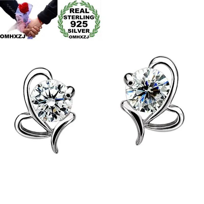 OMHXZJ Wholesale European Fashion Woman Girl Party Wedding Gift Round White AAA Zircon 925 Sterling Silver Stud Earrings EA113