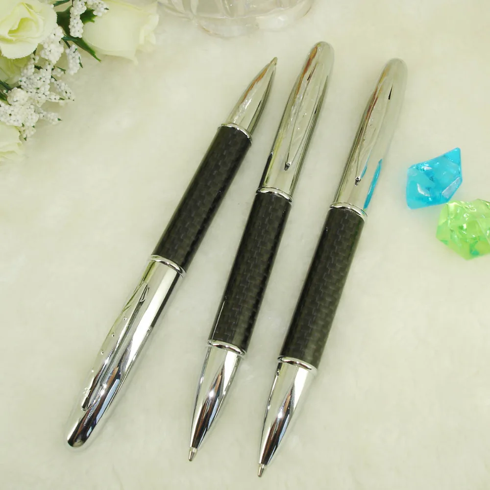 2pcs / lot Rotating Version Carbon Fiber Couple Ball Pen Kits Classic Office & School Writing Instrument Black & Silver Twin Pen