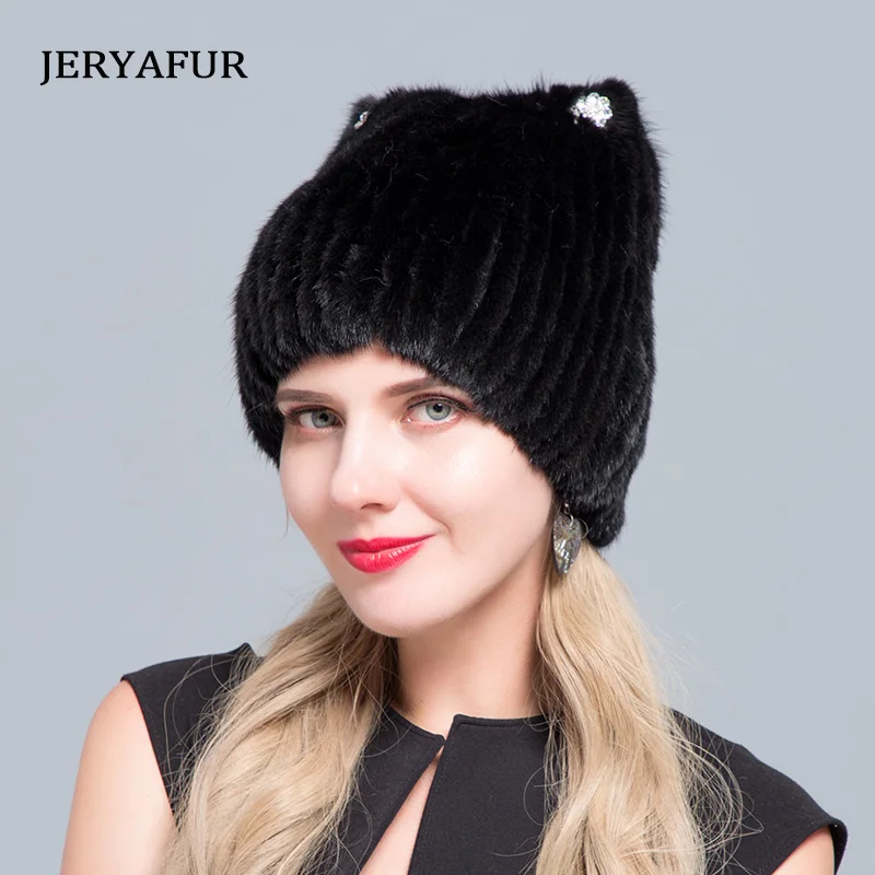 JERYAFUR Mink Fur HAT Women\'s Knitted Sweater Hat New Fashion European And American Cat Style Ski Caps