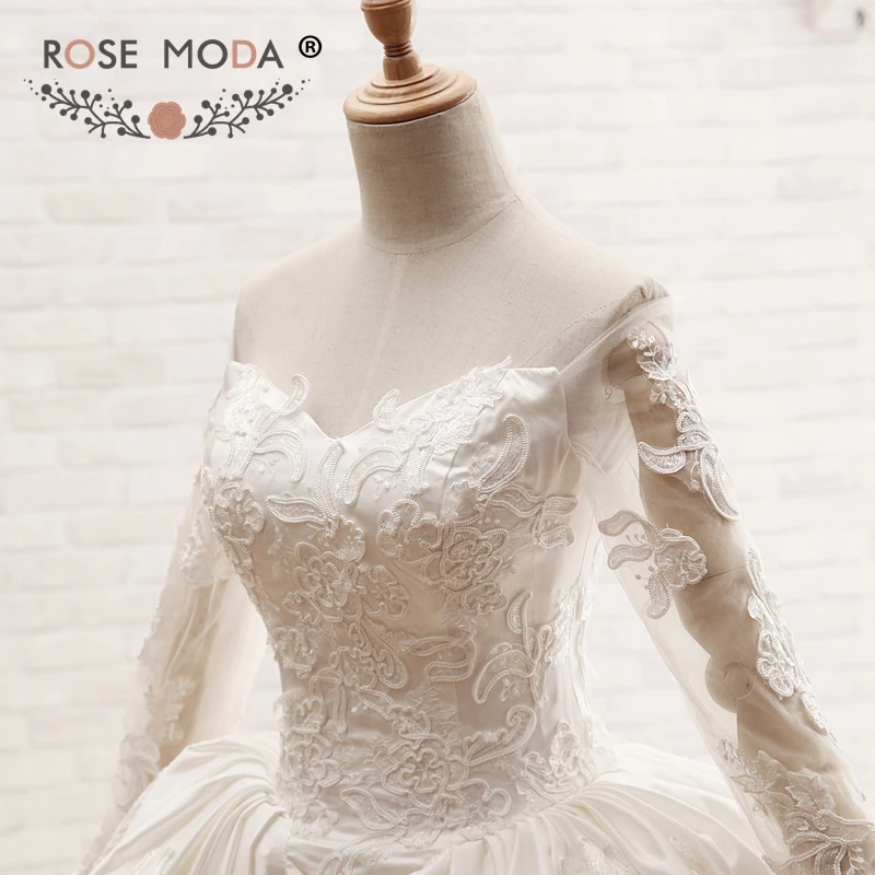 Rose Moda Real Photos Luxury Long Sleeves Wedding Ball Gown with 3M Royal Train Heart Shape Back Custom Make