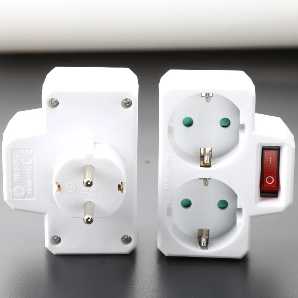 Rdxone 16A European Type Conversion Plug 1 TO 2 Way EU Standard Power Adapter Socket with Switch