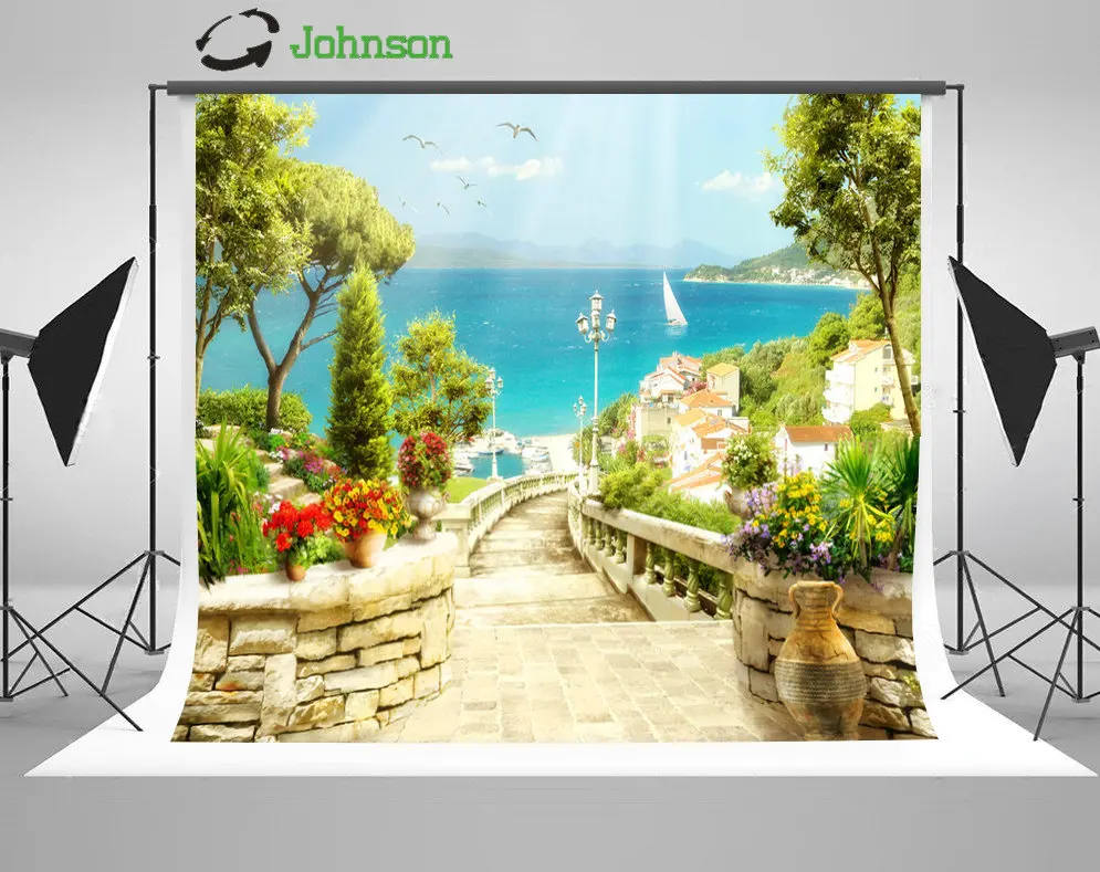 

Sea Beach Coastal Patio Village Flower Leaves Staircase backdrops polyester or Vinyl cloth Computer print wedding background