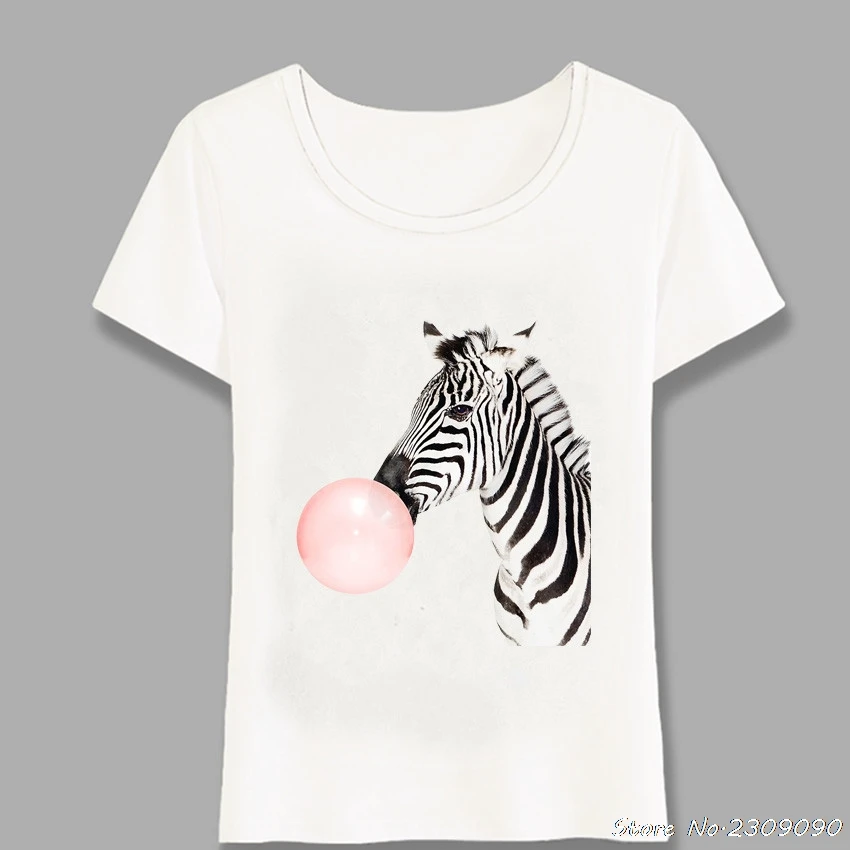 Zebra Pink Bubble Gum Art Print T-shirt Fashion Women T-Shirt Cute Zebra Design Casual Tops Summer Tee Woman T-Shirt Harajuku