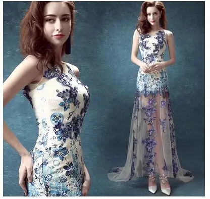 

High Quality 2016 Sexy Women Summer Evening Party Dress Blue And White Porcelain Disk flowers Embroidery Gauze Prom Dress