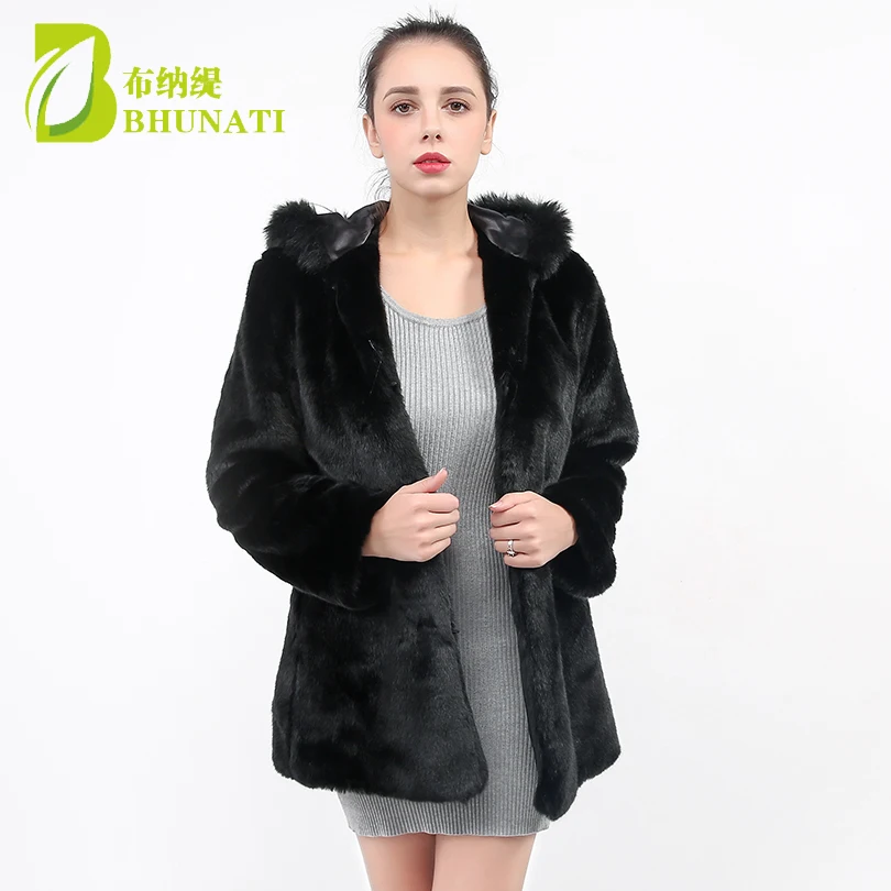 BHUNATI-Chaqueta de piel de visón sintética para mujer, abrigo cálido de manga larga, holgado, con capucha, color negro, para invierno