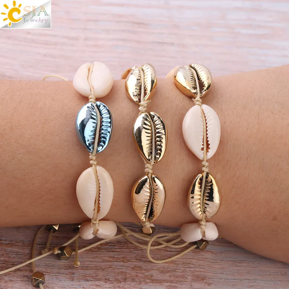 CSJA Natural Sea Shells Bracelets Seashell Bracelet White Gold Color Women Knit Beach Handmade Summer Holiday Jewelry S339