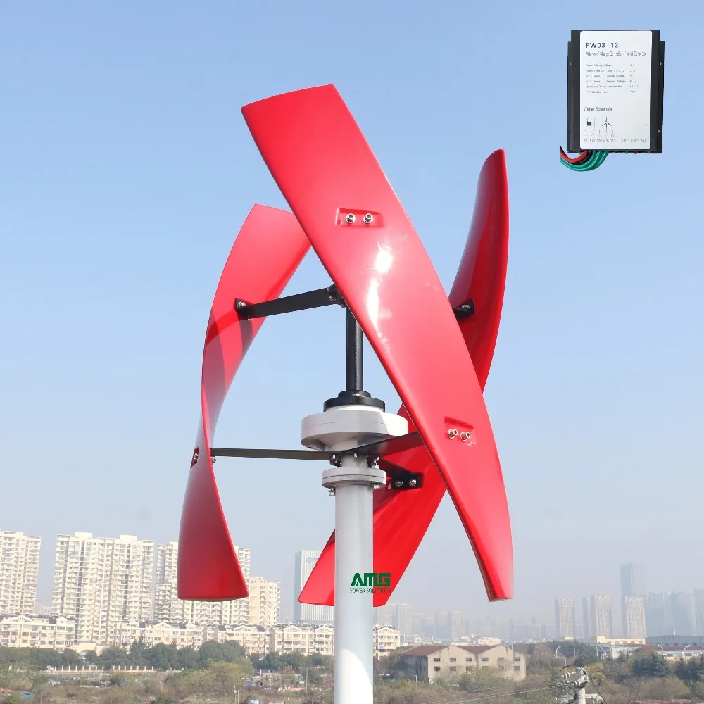 300W 12V 24V Spiral Wind Turbine Generator Red/White VAWT Vertical Axis Residential Energy With PWM Charger Controller