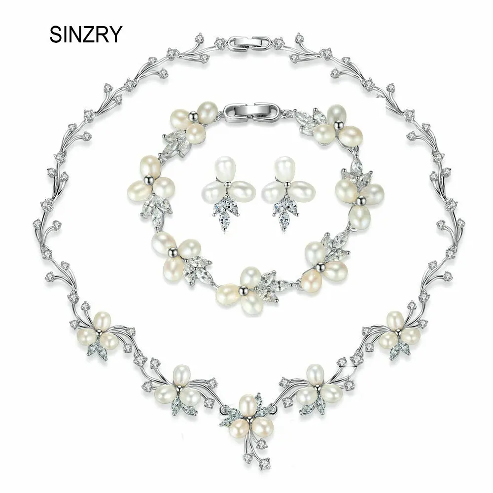 

SINZRY elegant bridal jewelry set natural freshwater pearl flower choker necklace earring bracelet set wedding jewelry accessory