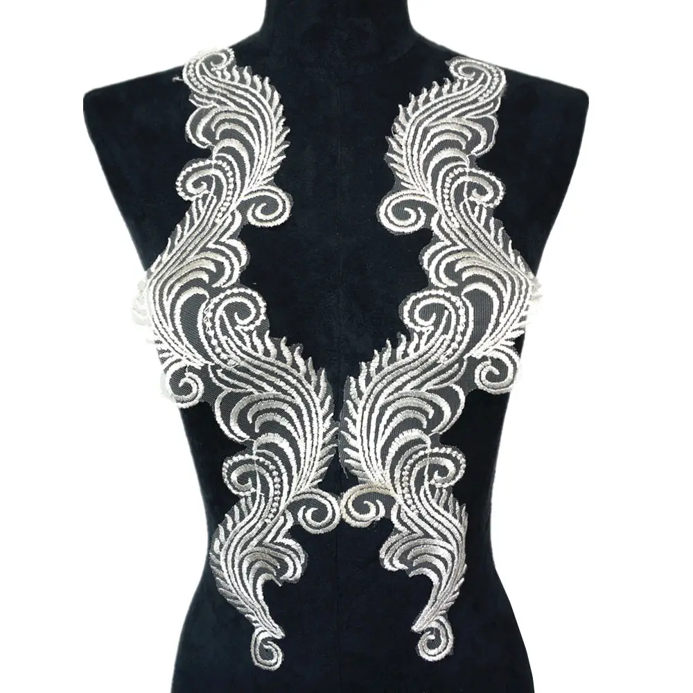 

2PCS White Flowers Wave Mesh Fabric Wedding Appliques Sew Patches Lace Embroidery For Evening Dress DIY Decoration