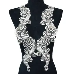 2PCS White Flowers Wave Mesh Fabric Wedding Appliques Sew Patches Lace Embroidery For Evening Dress DIY Decoration