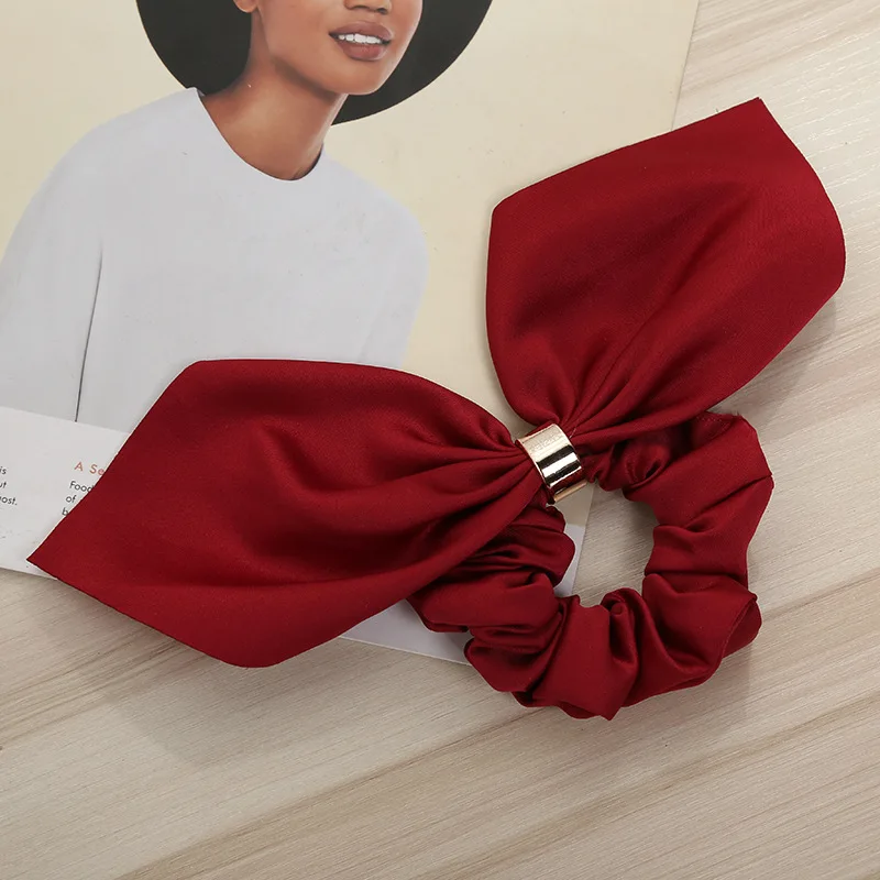 Bow Elastic Hair Bands Women Rabbit Ears  Ponytail  Sweet  Cute Solid Color Metal Button Headwear Fixed  Hair Accessories