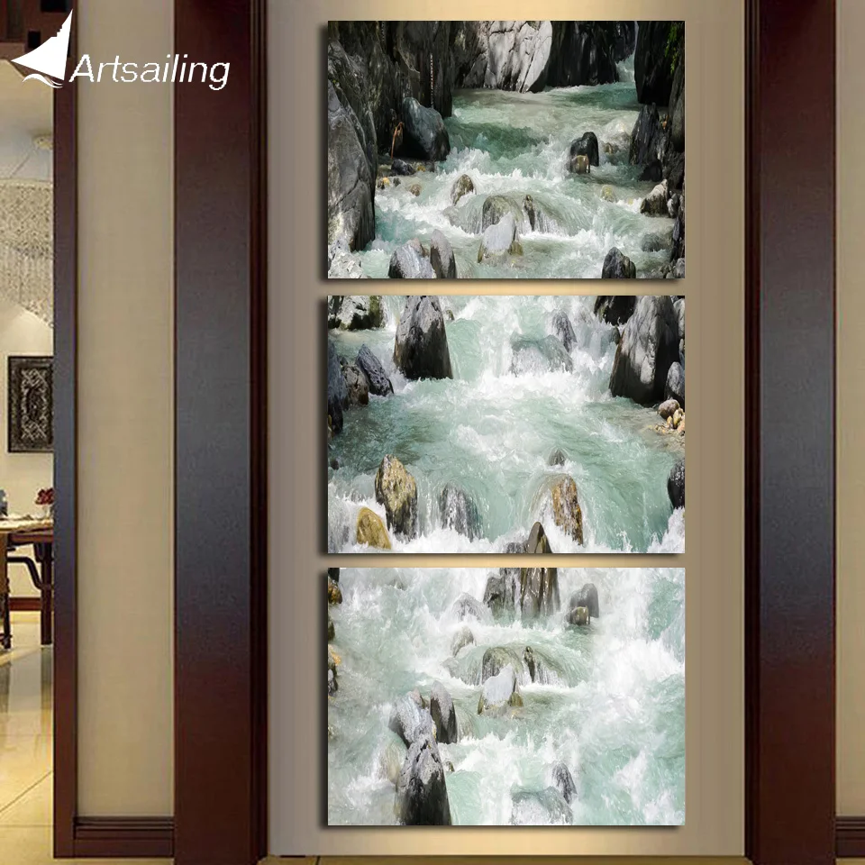 HD printed 3 piece Mountain stream water stone Painting wall pictures for living room canvas painting Free shipping/ny-6417D