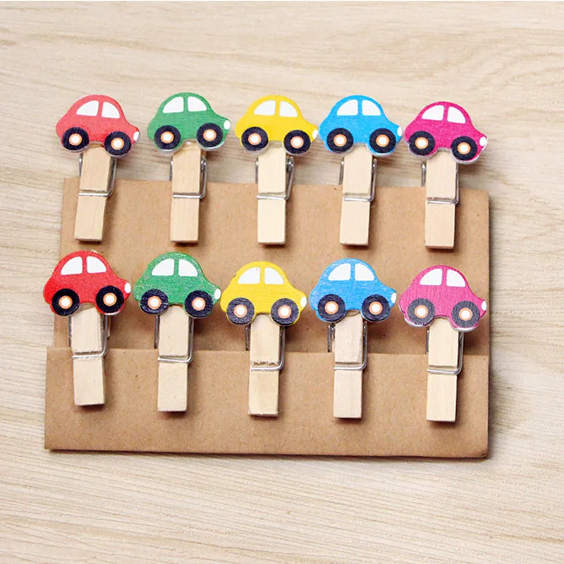 10pcs 35x7mm DIY Cartoon car Wood Clothes Pegs Clothespin Clips Office Party Decoration Accessories Photo Hanging Pegs