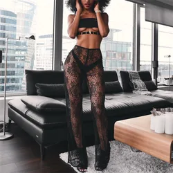 BKLD High Waist Sexy See-Through Lace Pants Women Fashion Hollow Women Trousers Black White Bohemian Casual Women Wide Leg Pants