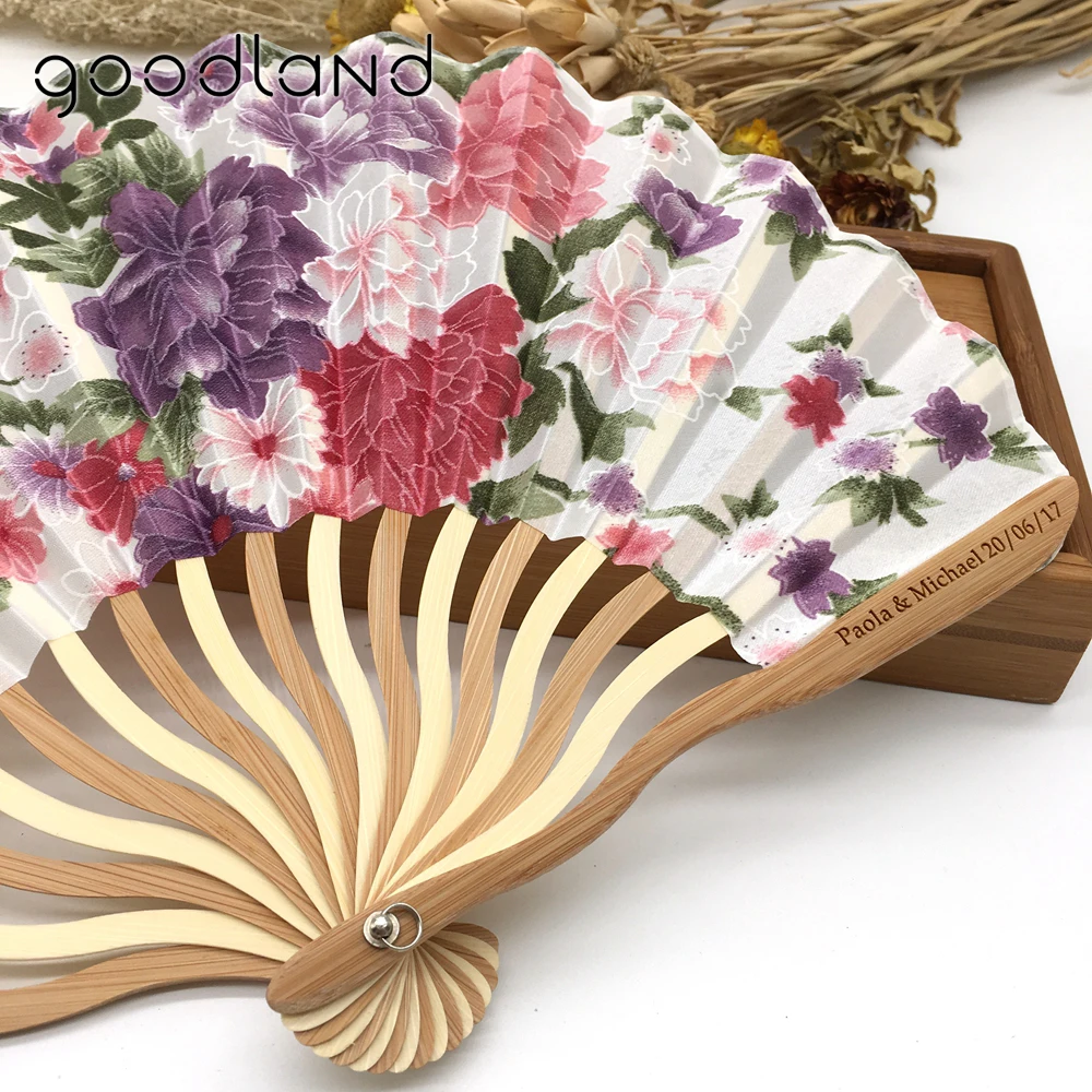 Free Shipping 100pcs Personalized/Customized Bamboo 100% Polyester Flower Blossoms Wedding Chinese Japanese Folding Fan