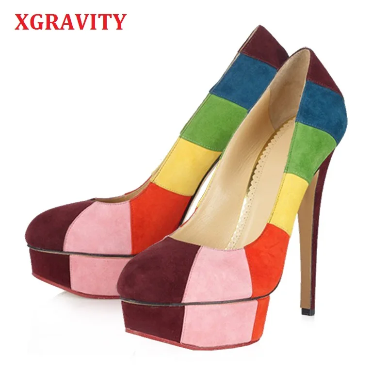 

XGRAVITY 2024 Autumn Super High Heel Genuine Leather Platform Pumps Female Dress Shoes Mix Color Rainbow Round Toe Shoe C320