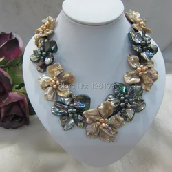 Champagne and black pearl mother of shell weave flower pendant necklace