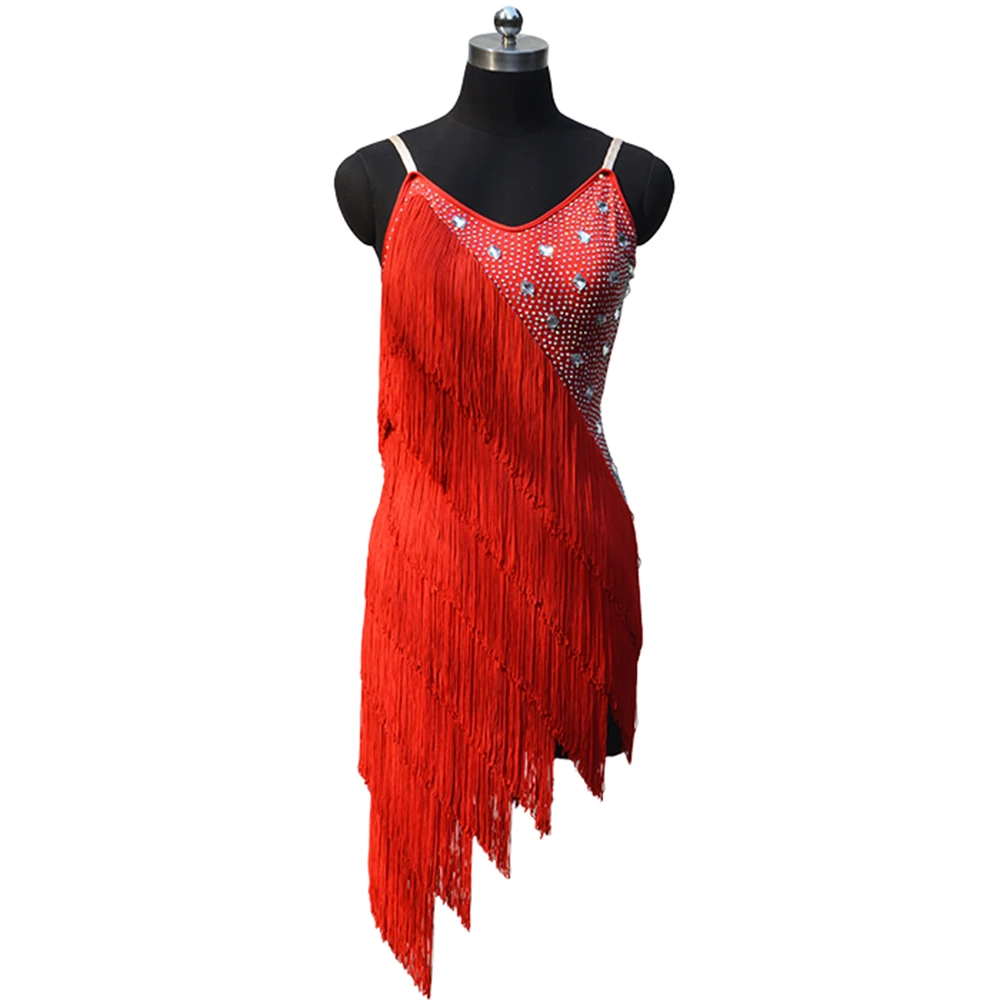 Sexy Lady Latin Dance Dress 9Colors Tassel Beadings Strap Sloping Skirt Infantis Festa Femininas Vestido De Baile Latino