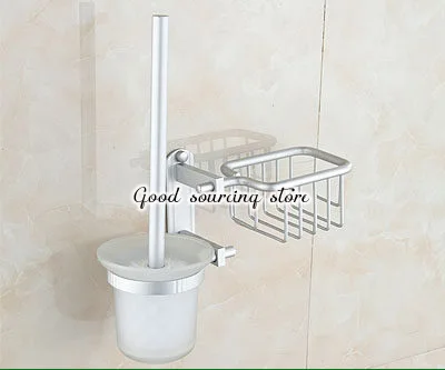 Space aluminum muti-function toilet brush holder with basket shelf