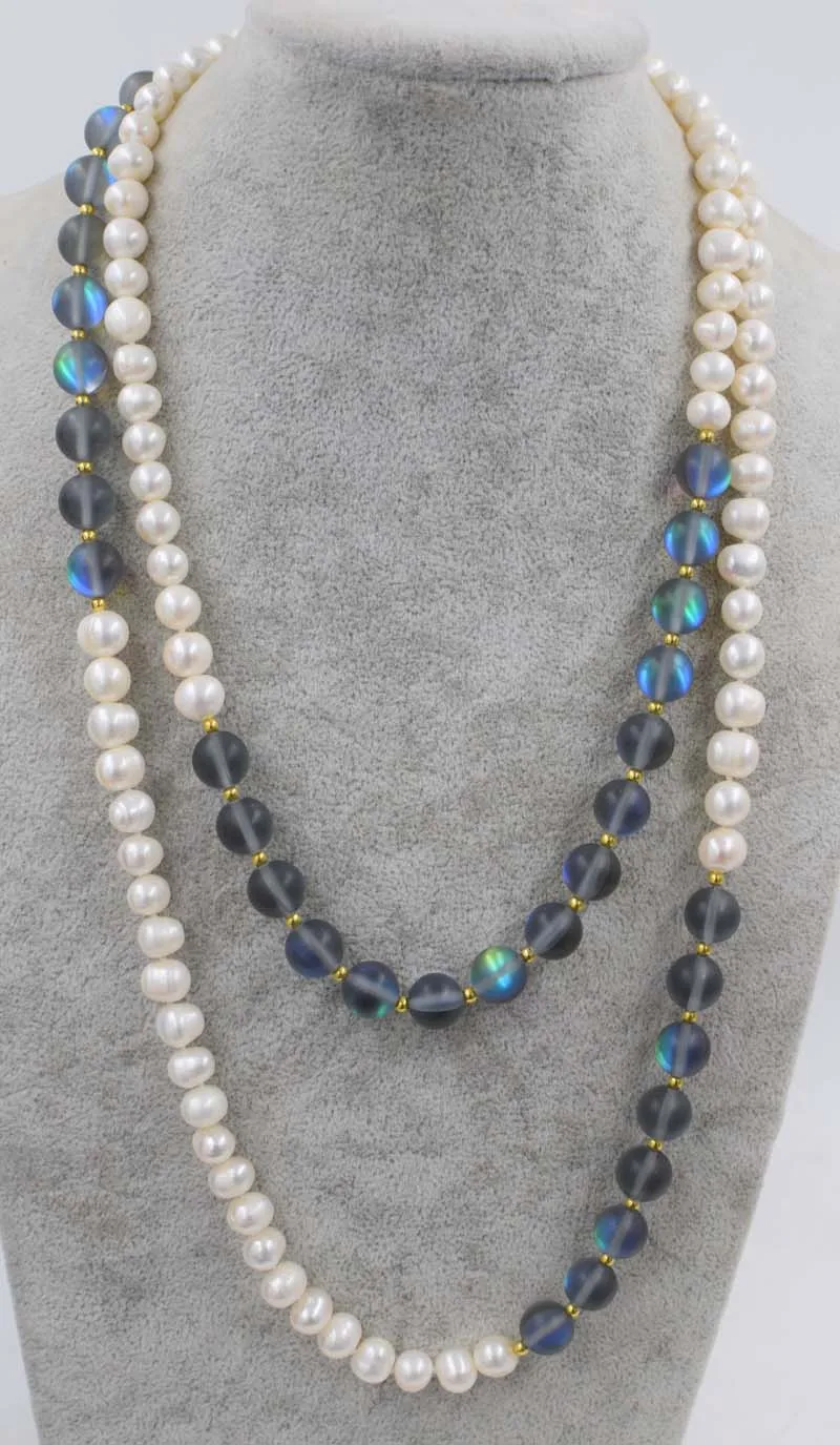 

freshwater pearl LONG necklace white near round 8-9mm black quartz 10mm 130CM FPPJ wholesale beads nature