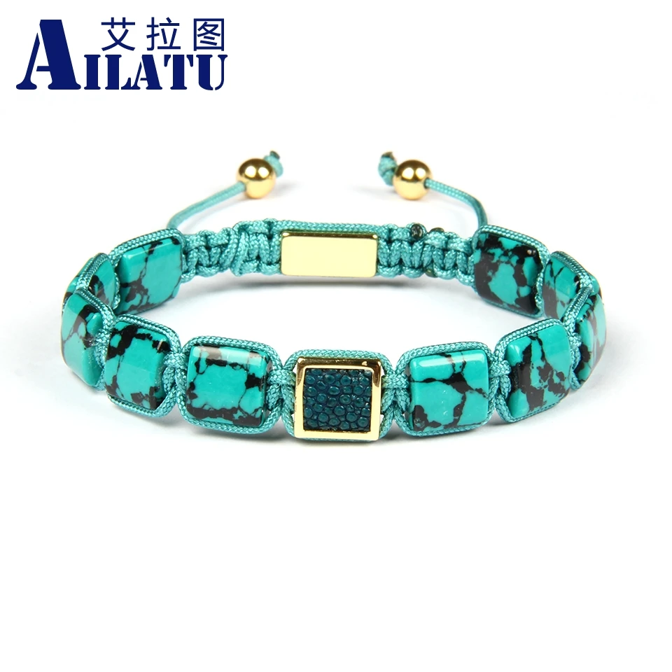 Ailatu Square Real Stingray Leather Bracelet with 10x10mm Man-made Howlite Flat Stone Beads