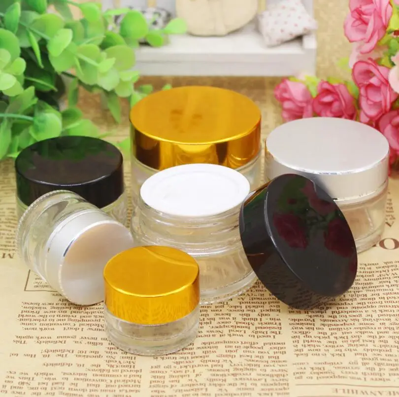 300pcs/lot 5G Empty Clear Glass Jar With Gold/Silver/Black lid. 5ml Clear Glass Cosmetic Container