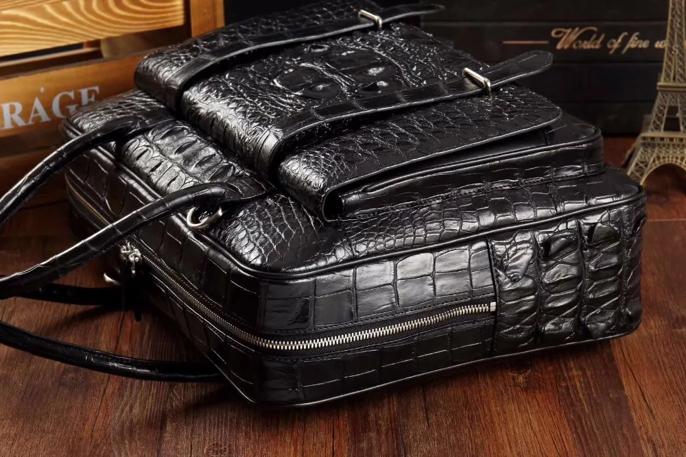 หนังจระเข้แท้ 100% หัวผิวผู้ชายกระเป๋าธุรกิจกระเป๋าแล็ปท็อป brefcase เรือฟรีสีดําพร้อมกระเป๋าด้านหน้า
