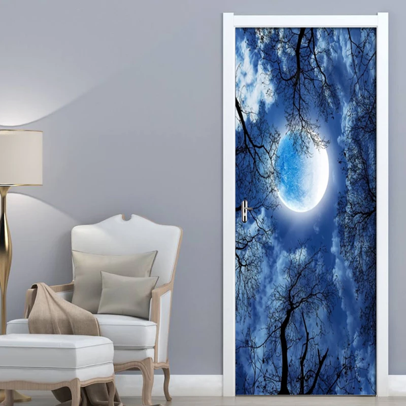 

Home Decor 3D Door Sticker Beautiful Moon Sky Forest Wallpaper Living Room Kitchen Waterproof Vinyl Door Mural 3D Wall Sticker