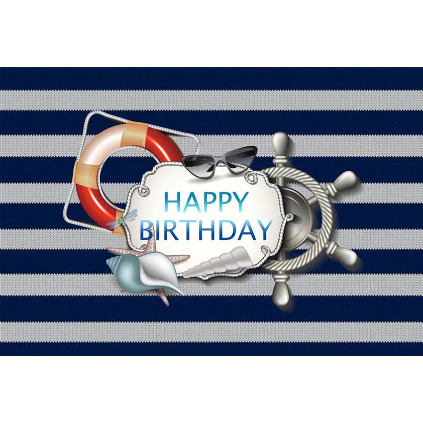 

Dark Blue and White Stripes Pirate Party Backdrop Customized Printed Rudder Buoy Conch Baby Boy Kids Birthday Photo Background