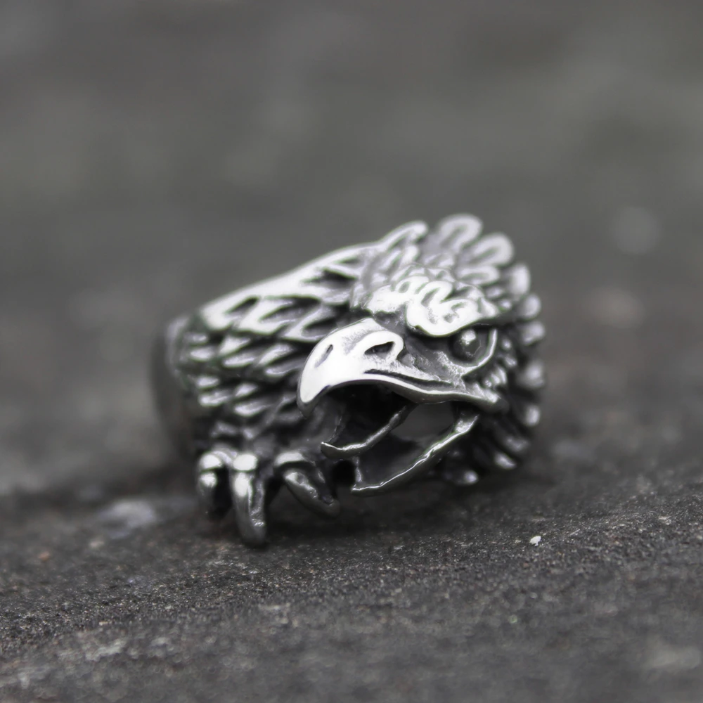 Viking Mens Silver Color Stainless Steel Raven Rings Norse Animal Eagle Ring Biker Jewelry