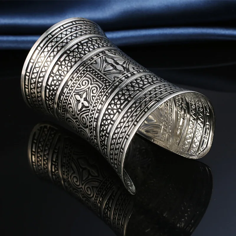 Dayoff Boho Ethnic Vintage Tibetan Gold Silver Plated Bracelet Huge Open Cuff Bangle Flower Carving  India Women Jewelry B11