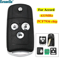 3 Button Folding Flip Remote Key Fob 433MHZ with ID46 PCF7936 Chip For Honda Accord 2008-2012 Old Civic HON66 Uncut Blade